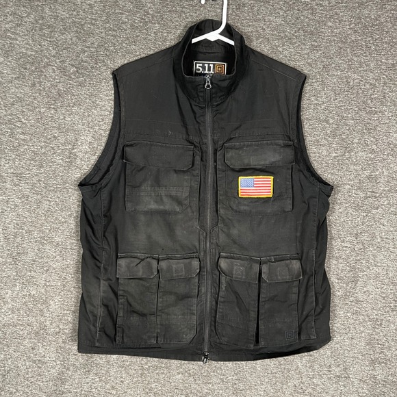 5.11 Tactical Series Vest Mens Large Black Full Zip Utility Pockets USA Flag - Picture 1 of 10